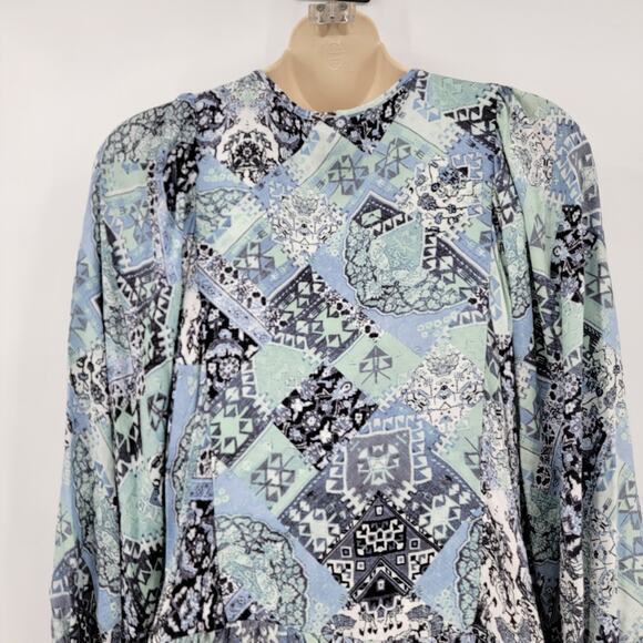 NEW Calvin Klein Women's‎ Floral Geo Print Blouson Puff Sleeve A Line Dress Blue - Picture 6 of 14